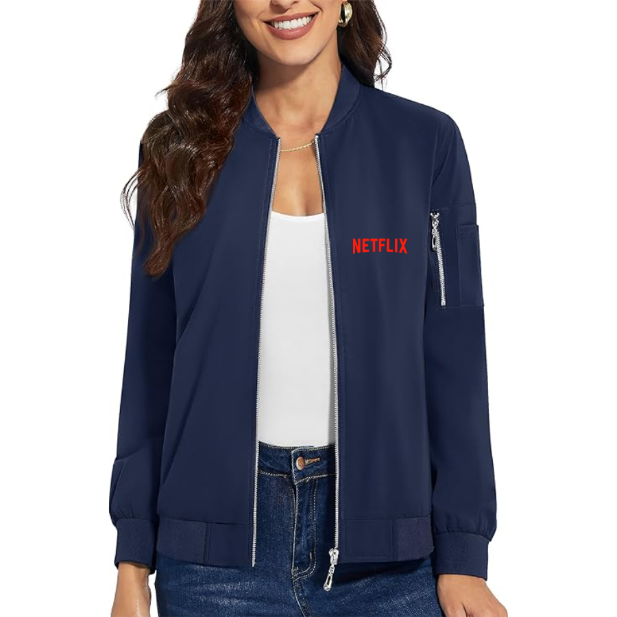Women's  Netflix Movie Show - Premium Bomber Jacket with Polished Detailing and Functional Sleeve Pocket - Modern Luxury Outerwear
