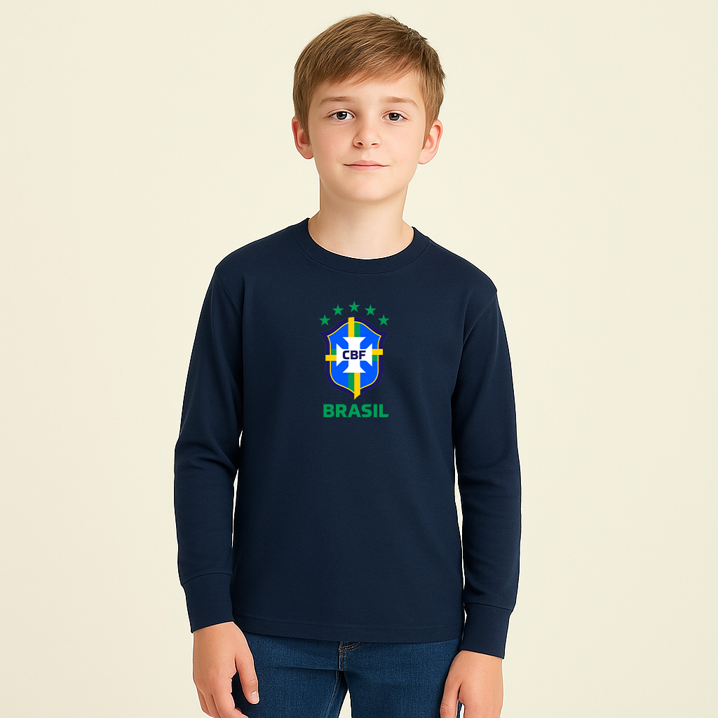 Youth Kids Brasil National Soccer Team Long Sleeve T-Shirt