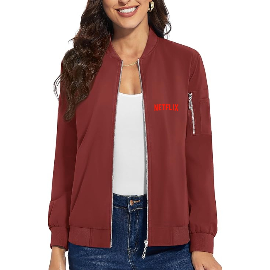 Women's  Netflix Movie Show - Premium Bomber Jacket with Polished Detailing and Functional Sleeve Pocket - Modern Luxury Outerwear