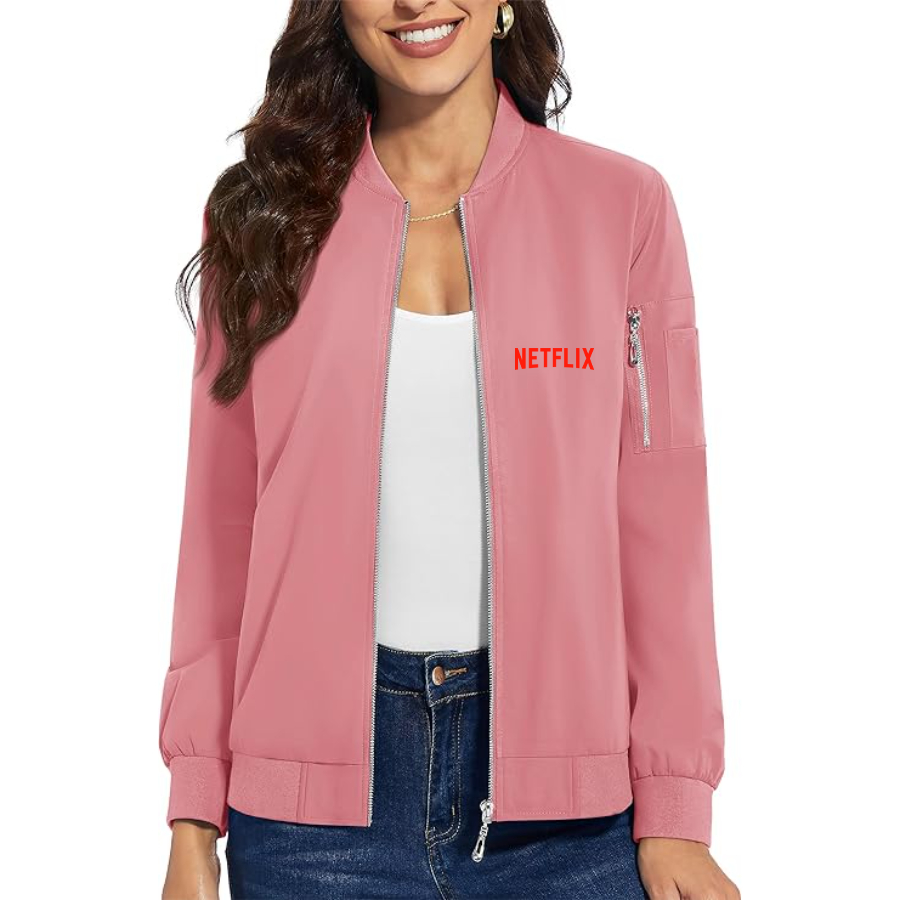 Women's  Netflix Movie Show - Premium Bomber Jacket with Polished Detailing and Functional Sleeve Pocket - Modern Luxury Outerwear