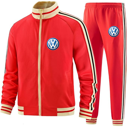 Men's VW Volkswagen Car- Premium Two-Piece Designer Tracksuit with Bold Striped Accents and Zippered Front - Elevated Athletic Wear