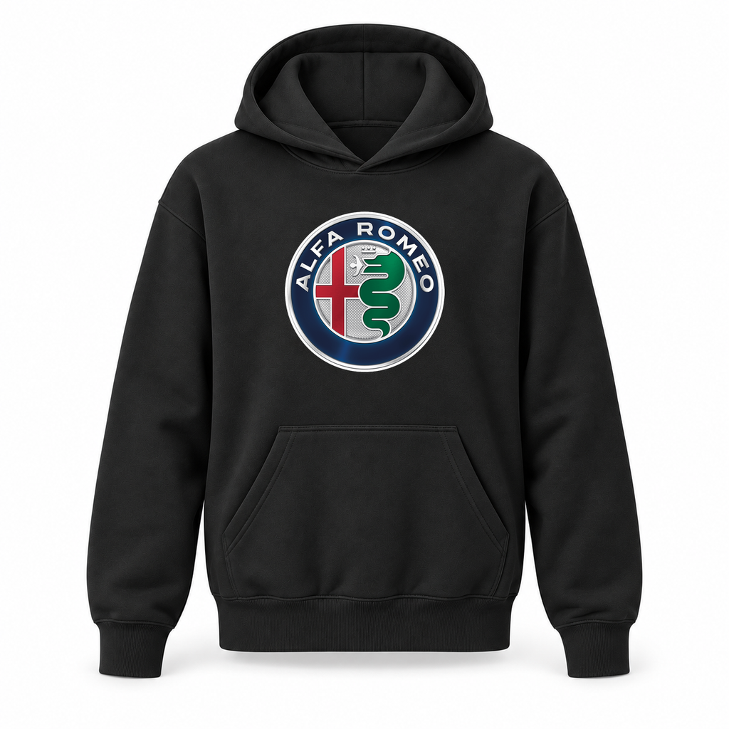Youth Kids Alfa Romeo Car Pullover Hoodie | Color: Black | Refreshed youth hoodie, original Drive artwork