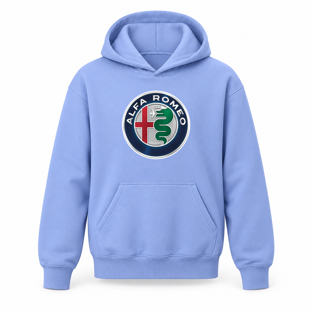 Youth Kids Alfa Romeo Car Pullover Hoodie | Color: Light Blue | Refreshed youth hoodie, original Drive artwork