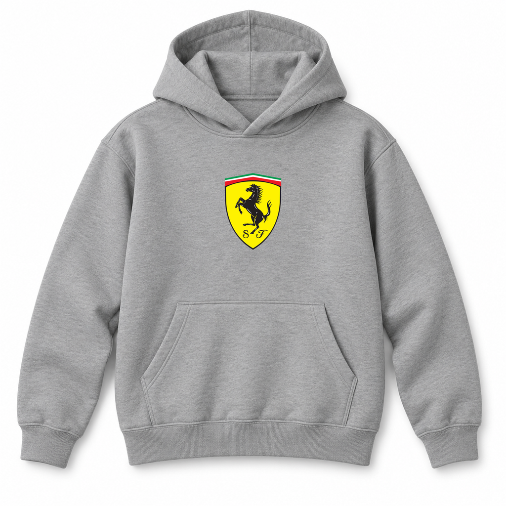 Youth Kids Ferrari Car Pullover Hoodie | Color: Grey | Refreshed youth hoodie, original Drive artwork