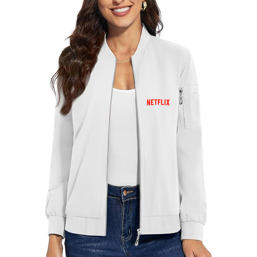 Women's  Netflix Movie Show - Premium Bomber Jacket with Polished Detailing and Functional Sleeve Pocket - Modern Luxury Outerwear