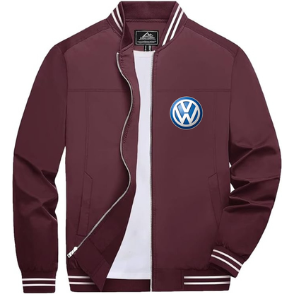 Men’s VW Volkswagen Car Lightweight Zip-Up Bomber Jacket with Ribbed Collar and Cuffs - Versatile Casual Outerwear