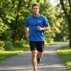 Dynamic action shot of man jogging in park wearing black Cadillac Car Dry Blend Polo, demonstrating moisture-wicking and lightweight fabric.