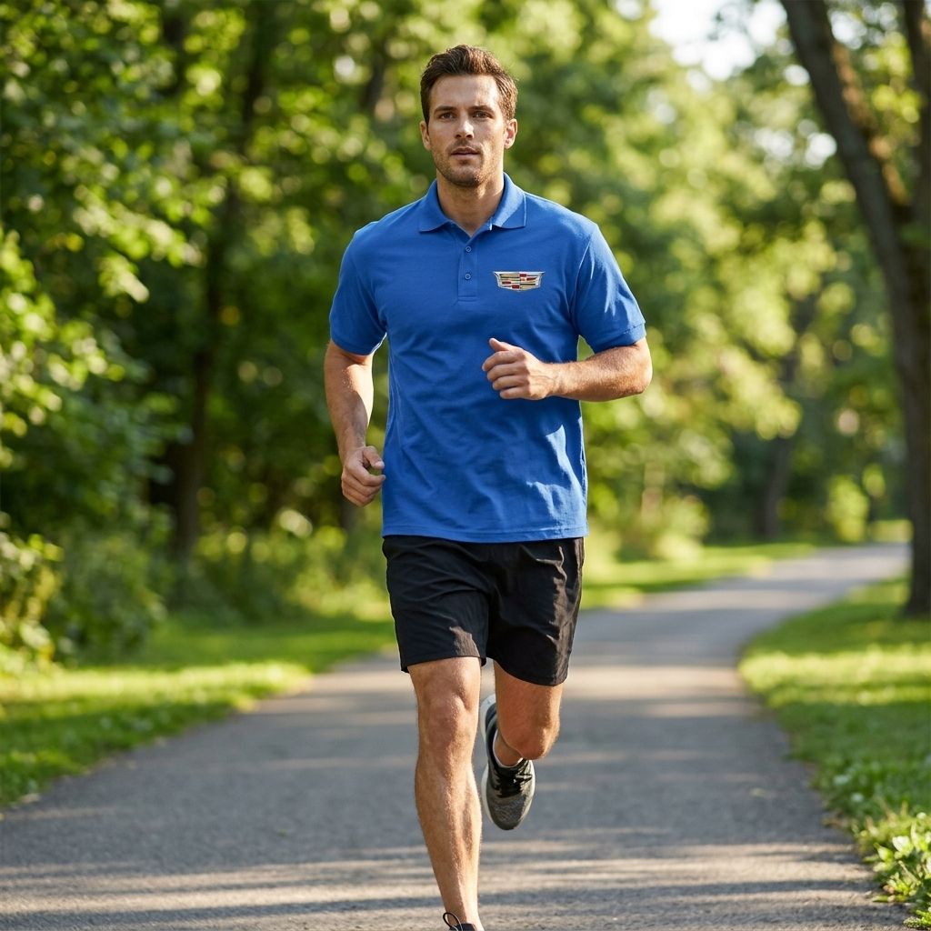 Dynamic action shot of man jogging in park wearing black Cadillac Car Dry Blend Polo, demonstrating moisture-wicking and lightweight fabric.
