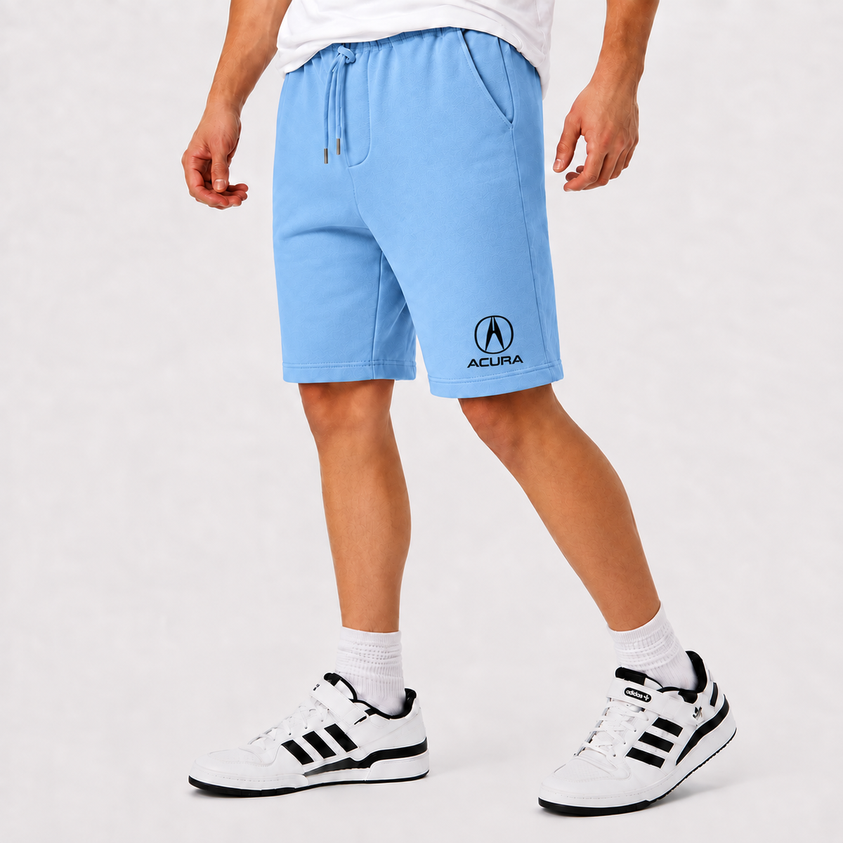Acura fleece shorts Sky Blue front logo near left hem
