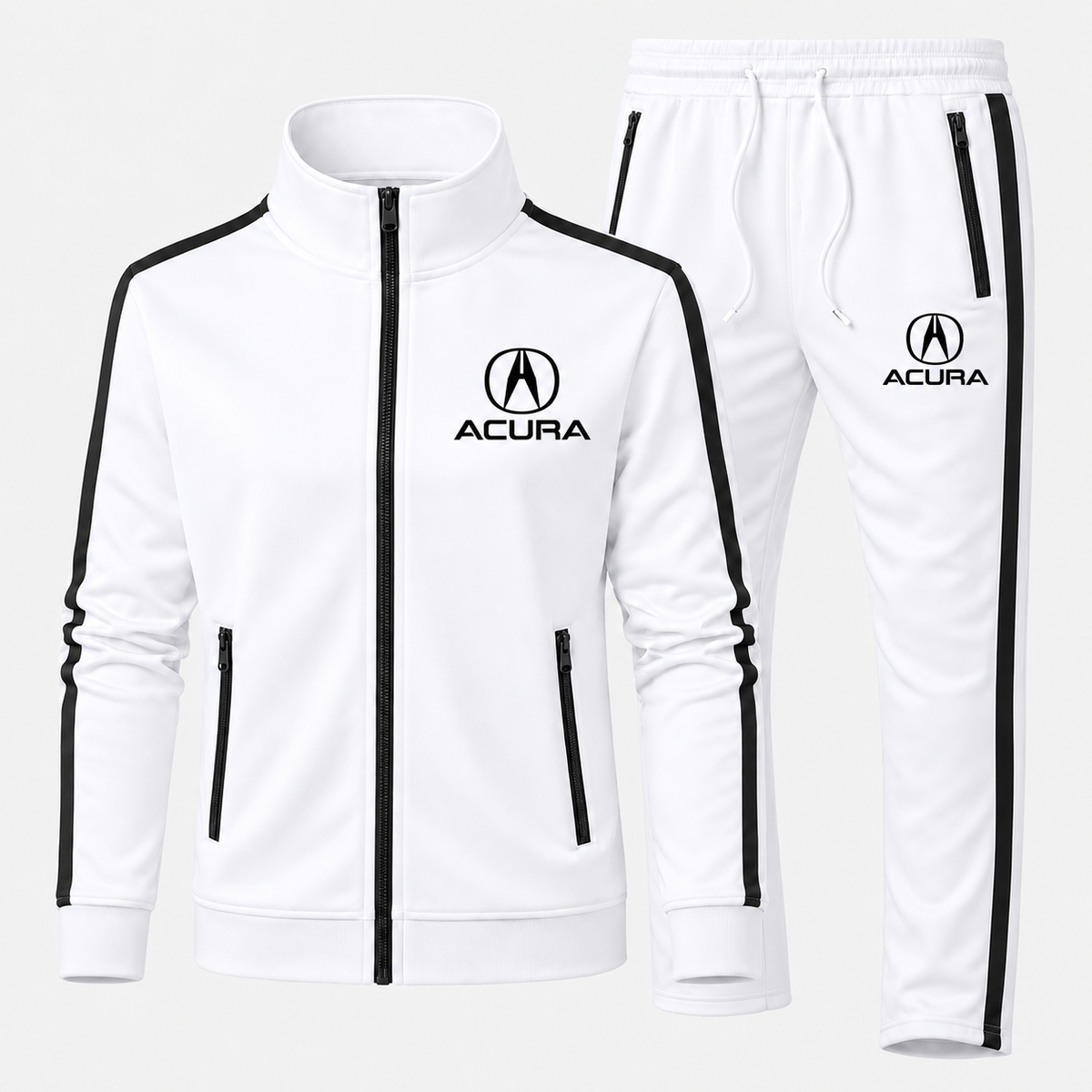 Acura White tracksuit front chest and thigh heat transfer