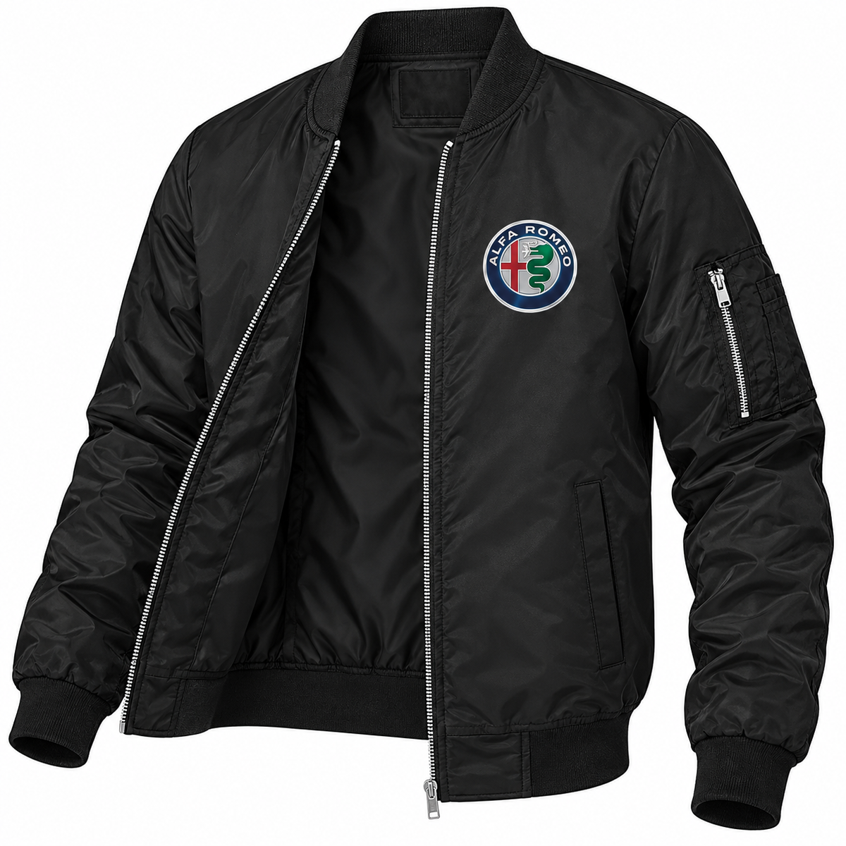 Alfa Romeo black bomber jacket open product view | color: black |