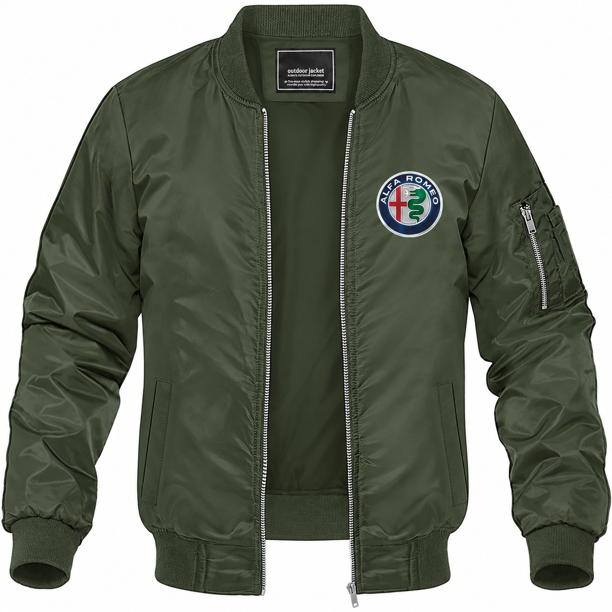 Alfa Romeo army green lightweight bomber jacket front product photo | color: army green |