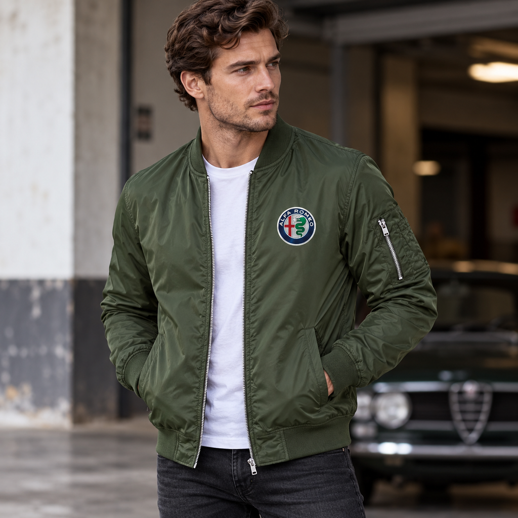Alfa Romeo army green lightweight bomber jacket model lifestyle view | color: army green |