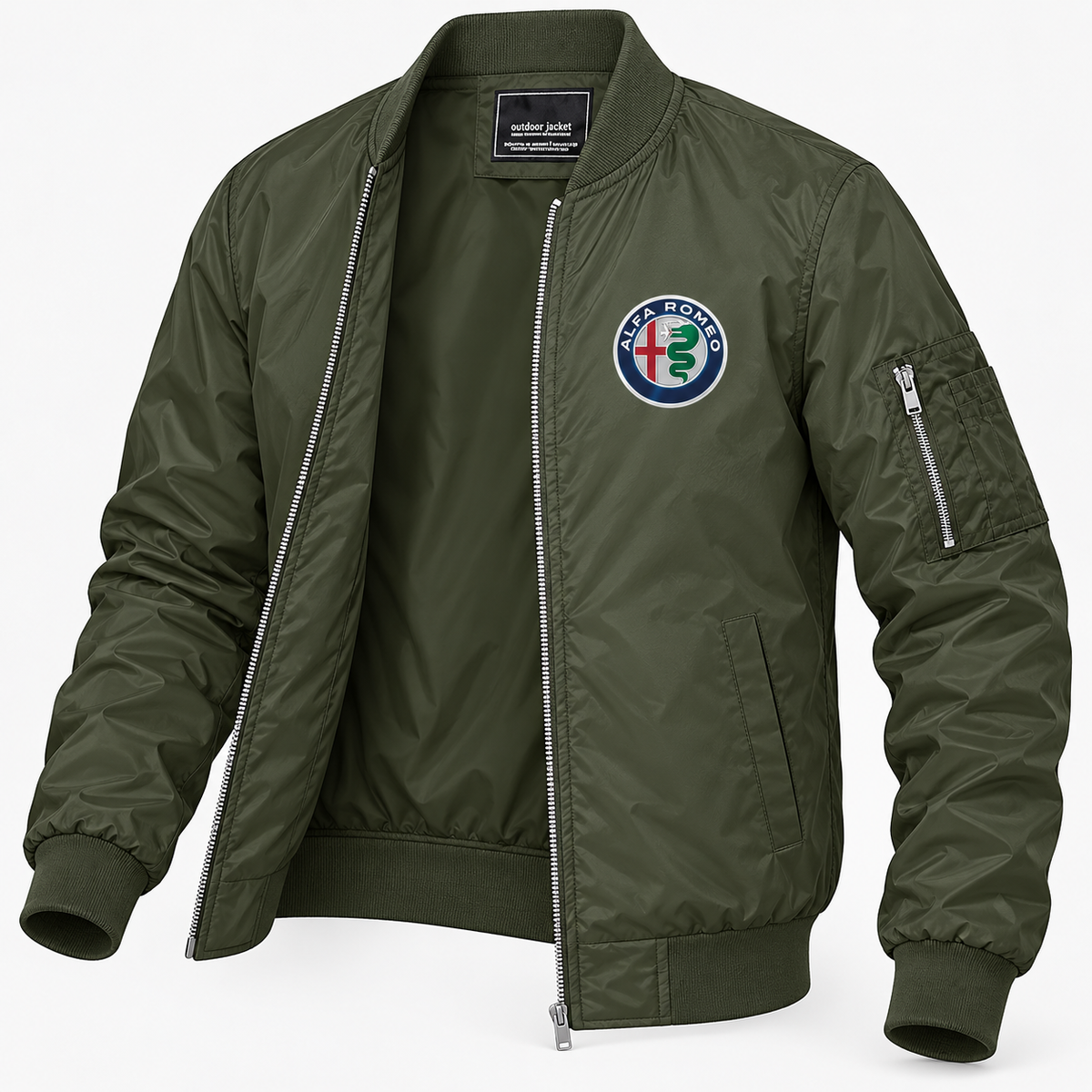 Alfa Romeo army green lightweight bomber jacket open angled product view | color: army green |