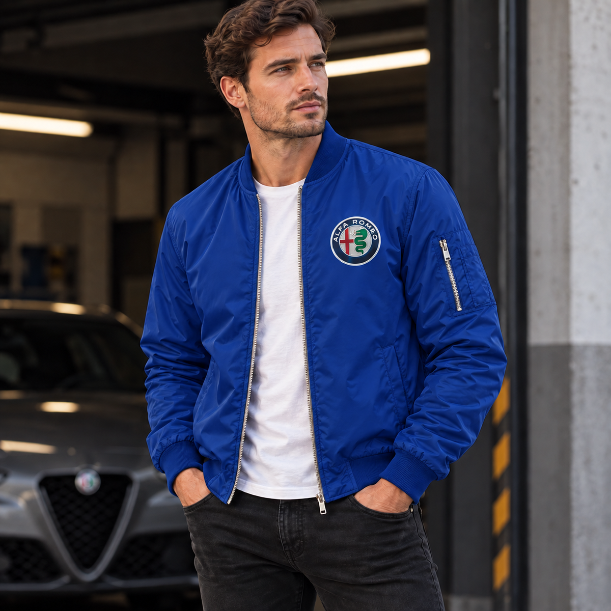 Alfa Romeo blue lightweight bomber jacket model lifestyle view | color: blue |