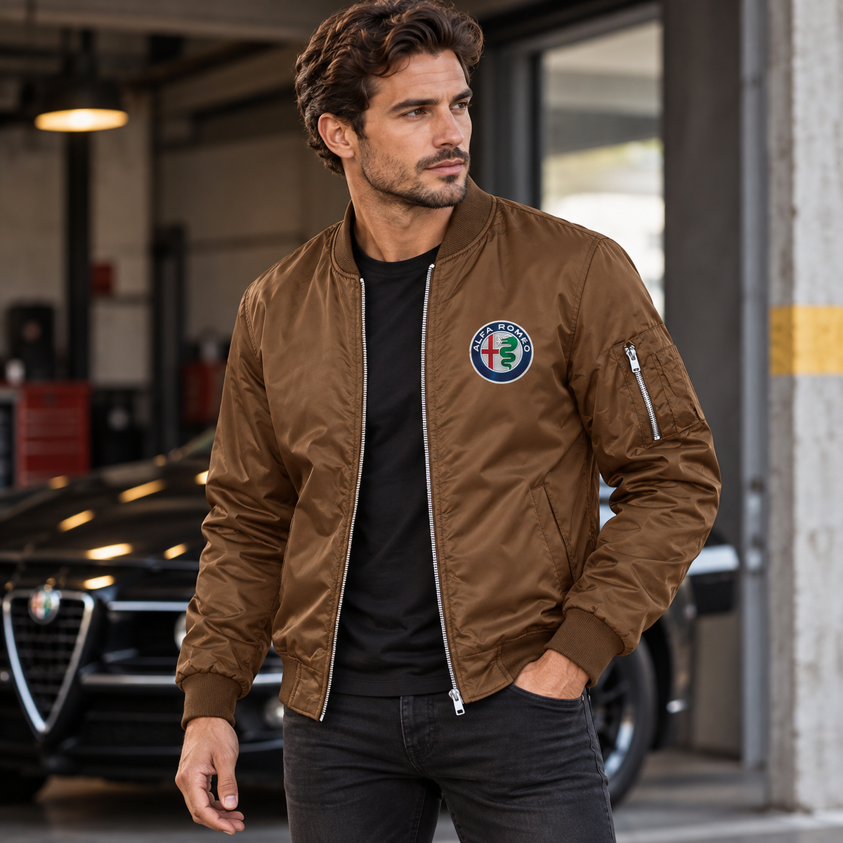 Alfa Romeo brown lightweight bomber jacket model lifestyle view | color: brown |