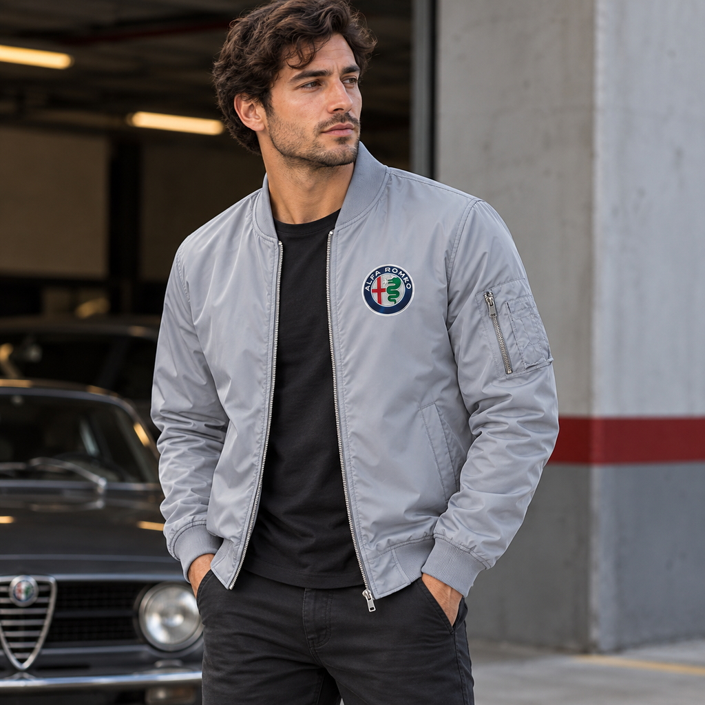 Alfa Romeo grey lightweight bomber jacket model lifestyle view | color: grey |