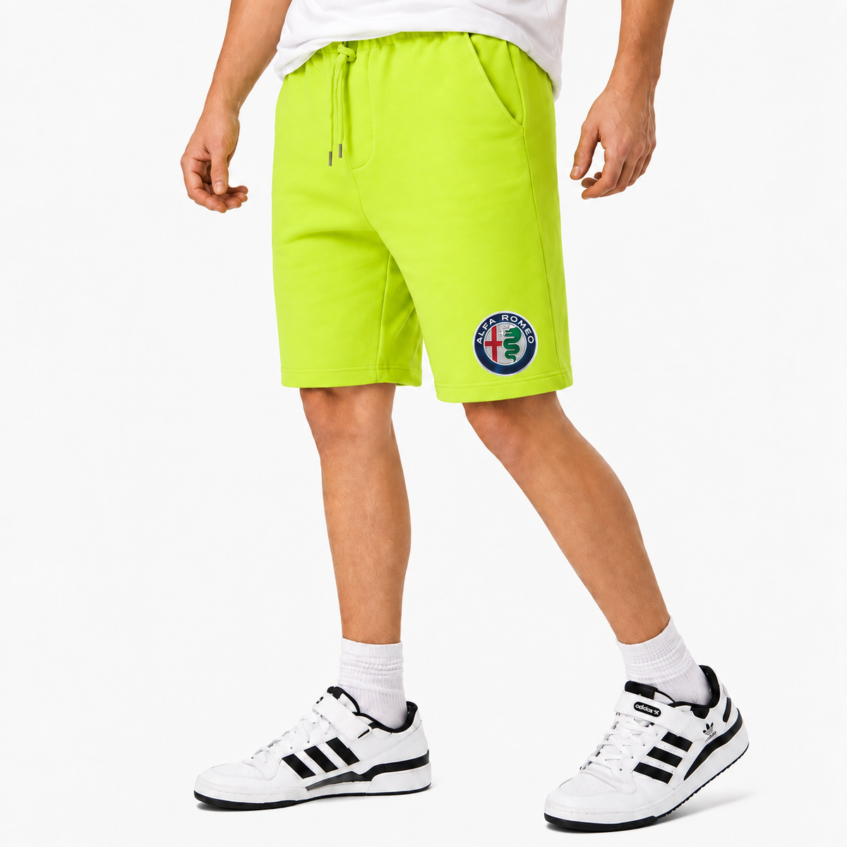 Alfa Romeo fleece shorts Lime Green front logo near left hem