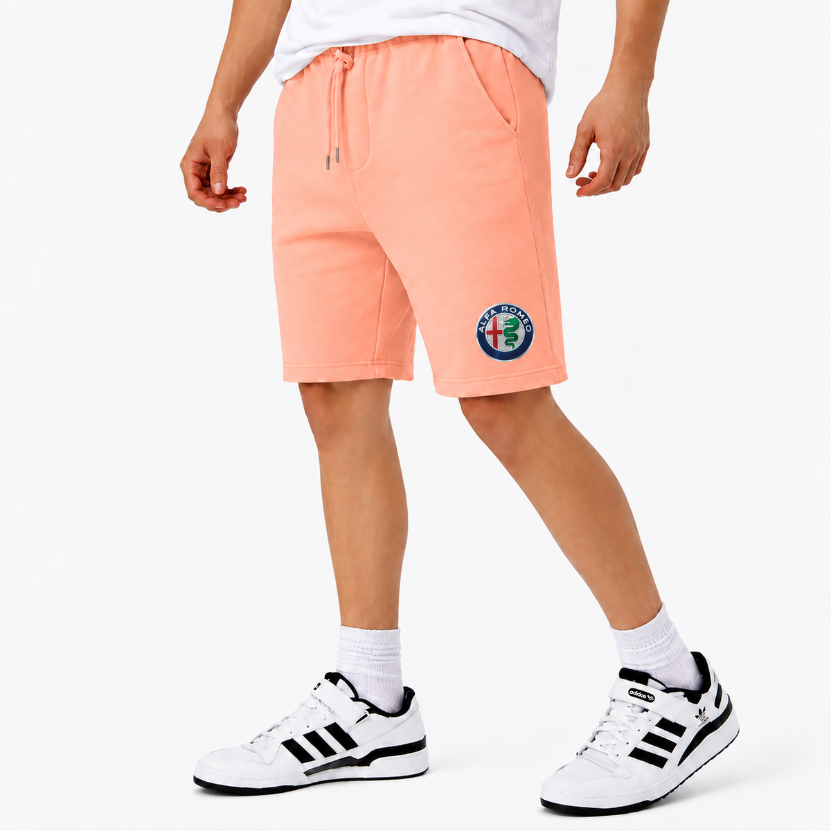 Alfa Romeo fleece shorts Peach front logo near left hem