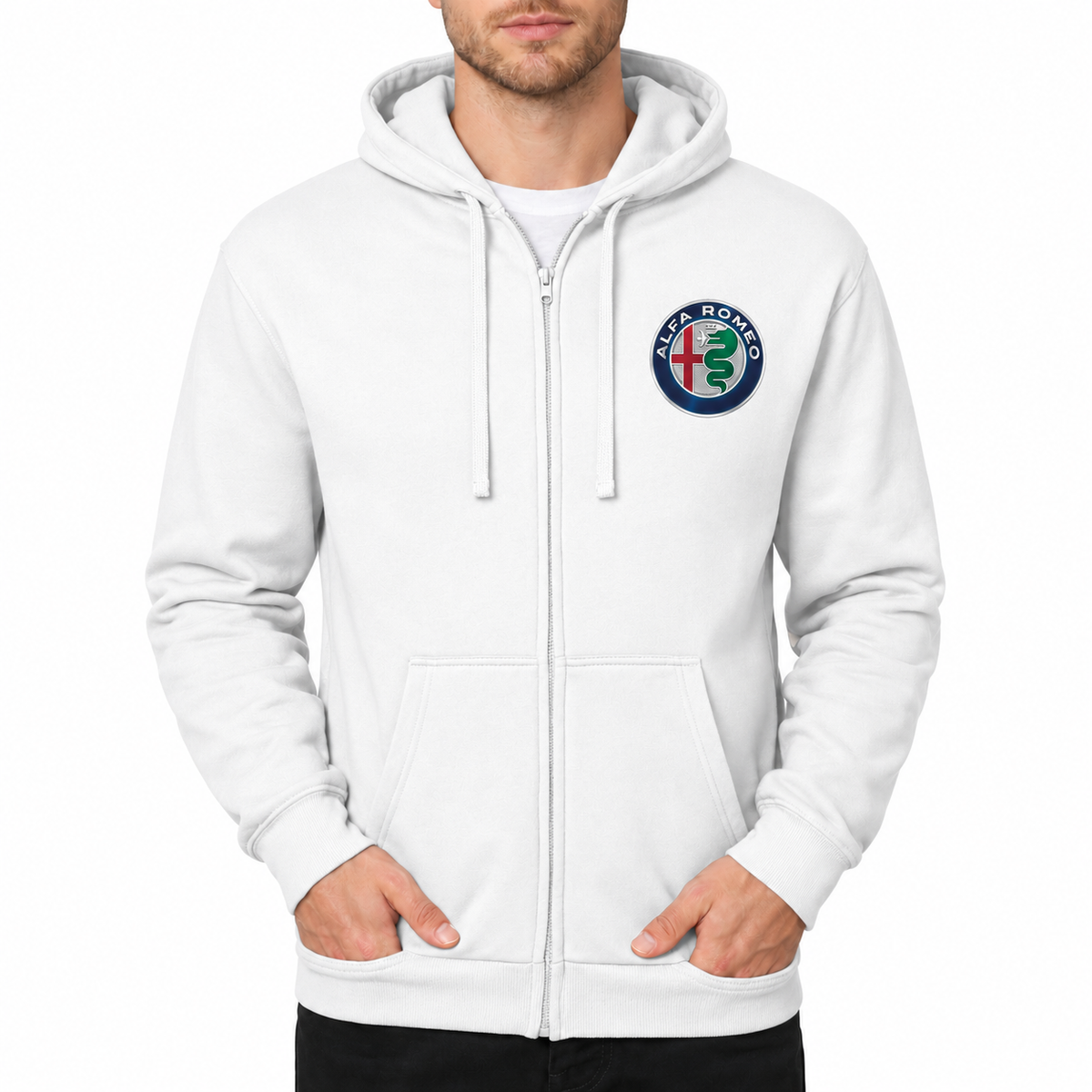 Alfa Romeo White zipper hoodie front left chest heat transfer