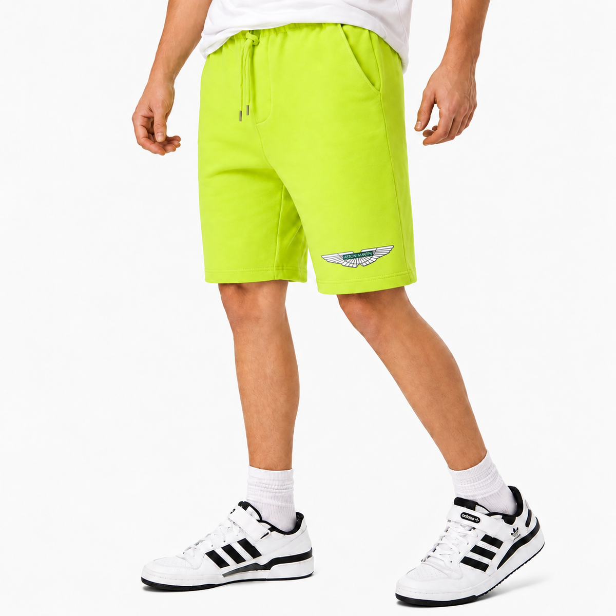Aston Martin fleece shorts Lime Green front logo near left hem