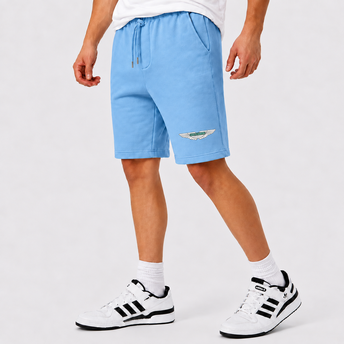 Aston Martin fleece shorts Sky Blue front logo near left hem