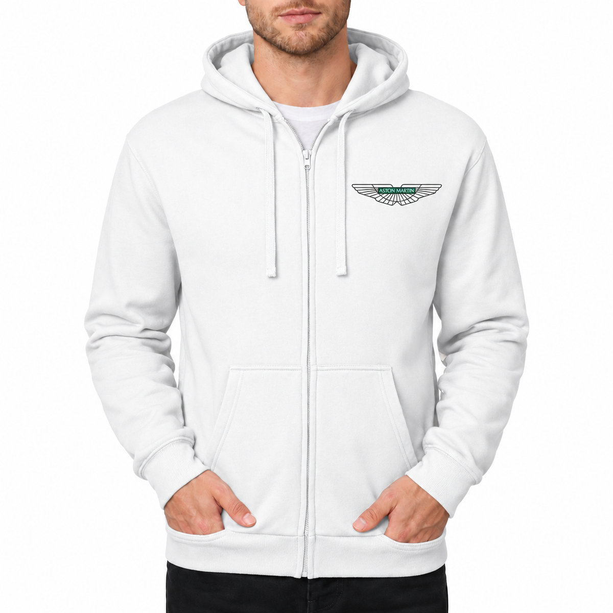 Aston Martin White zipper hoodie front left chest heat transfer