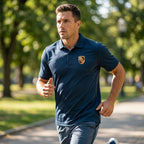 Male athlete in motion wearing Porsche polyester polo outdoors, demonstrating moisture-wicking and breathable fabric.