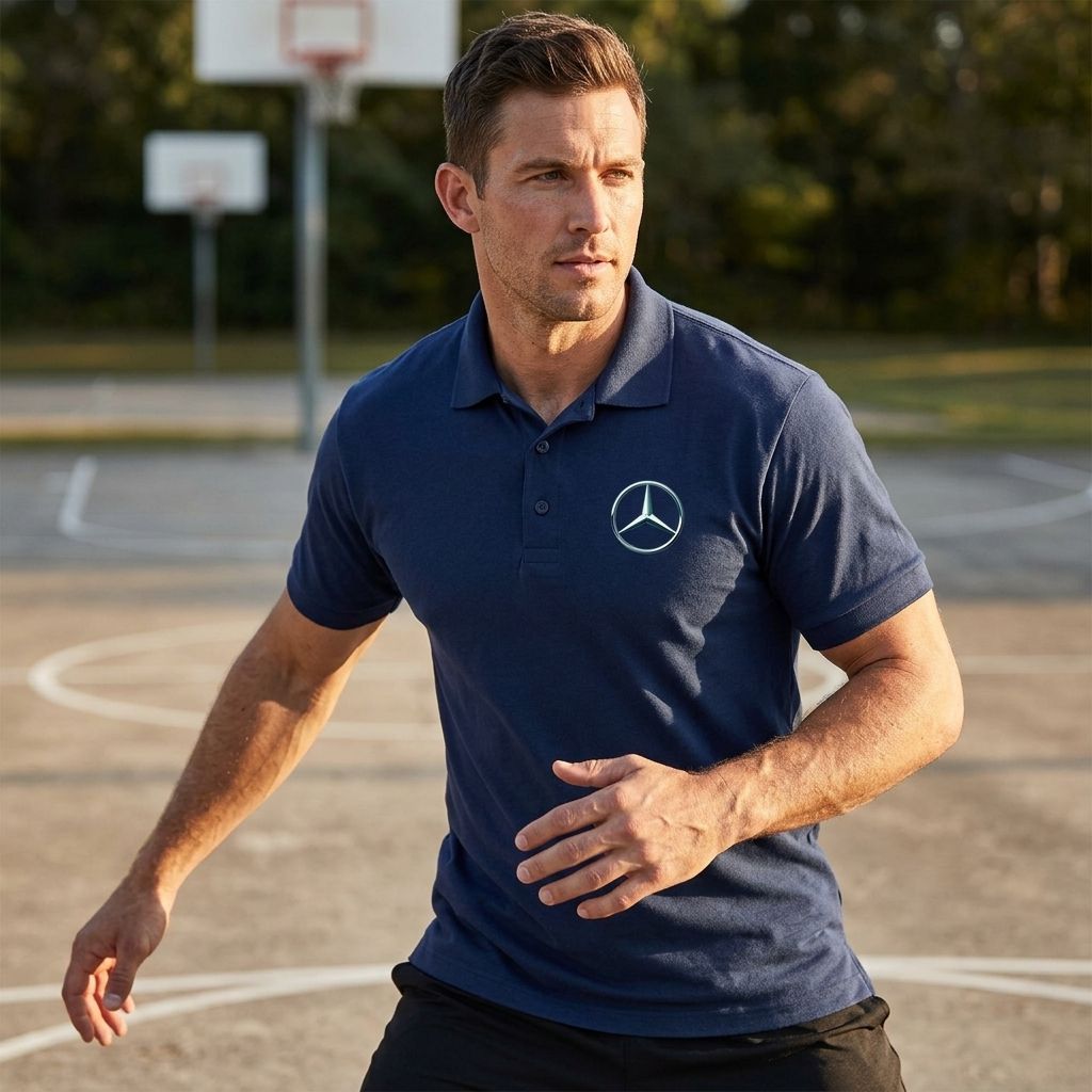 Man in black Mercedes-Benz polo in active pose on outdoor sports court, emphasizing performance and fabric texture.