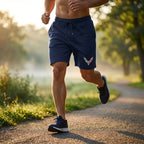 Male athlete running in navy Chevrolet Corvette fleece shorts during sunrise in park setting.