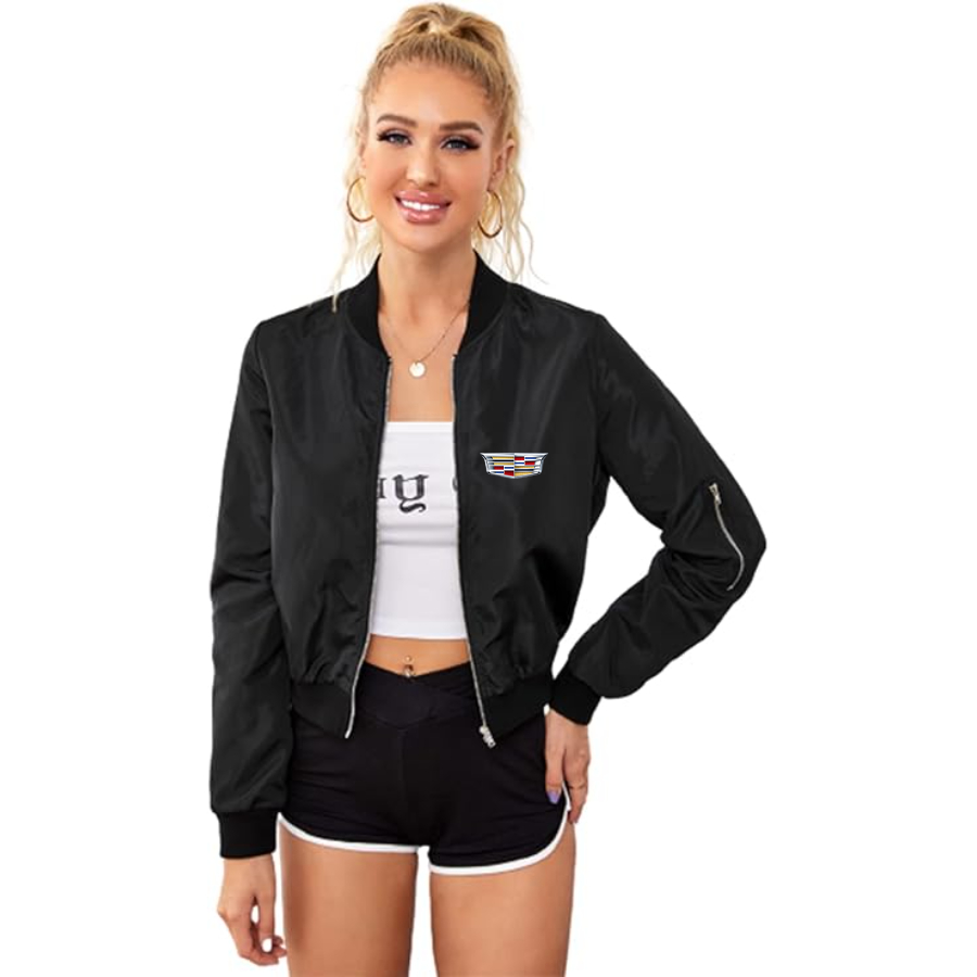 Women's Cadillac Car - Lightweight Bomber Biker Jacket Zip up Windbreaker Crop Bomber Jacket Coat