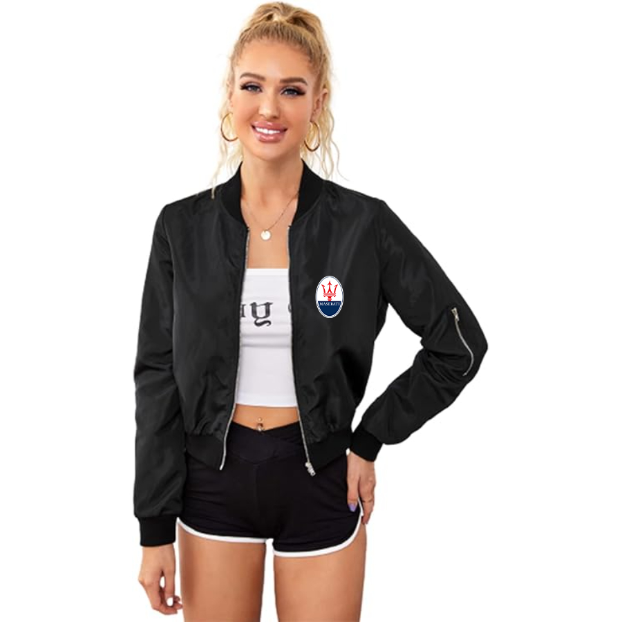 Women's Maserati Car - Lightweight Bomber Biker Jacket Zip up Windbreaker Crop Bomber Jacket Coat