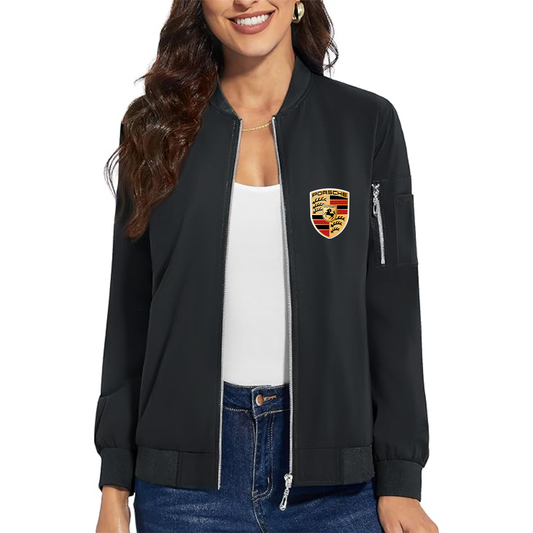 Women's Porsche Car - Premium Bomber Jacket with Polished Detailing and Functional Sleeve Pocket - Modern Luxury Outerwear