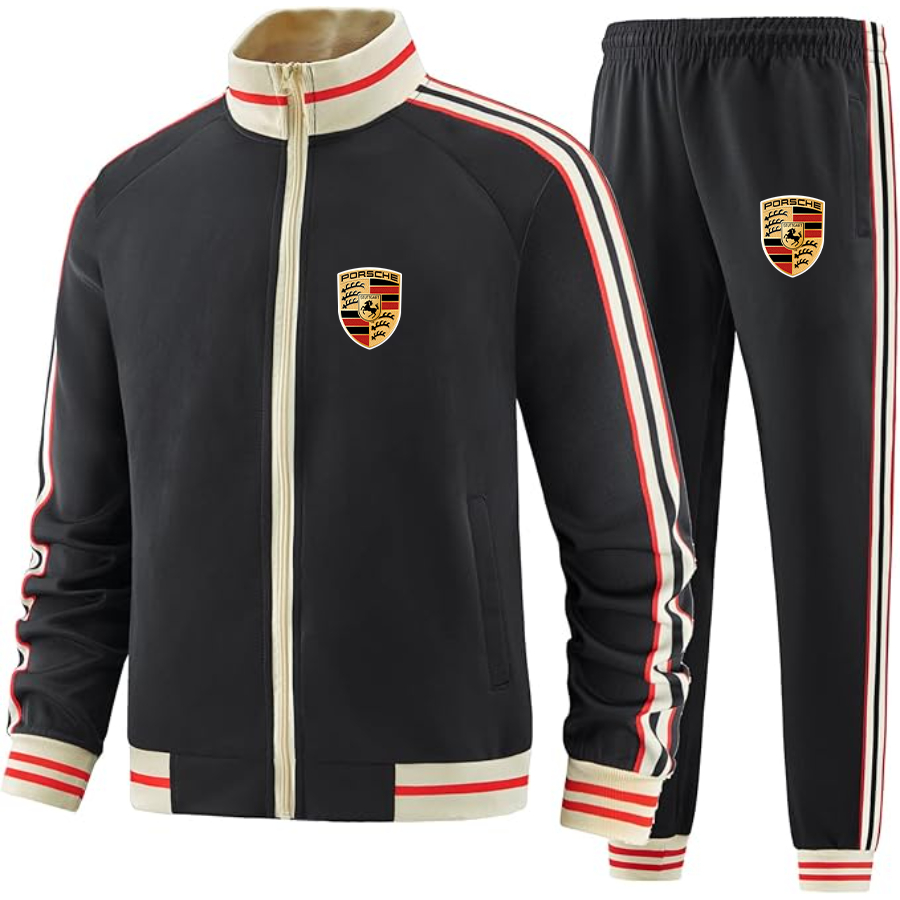 Men's Porsche Car - Premium Two-Piece Designer Tracksuit with Bold Striped Accents and Zippered Front - Elevated Athletic Wear