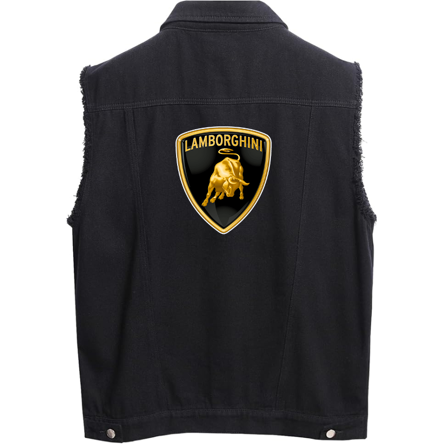 Men’s Lamborghini Car - Sleeveless Distressed Denim Vest – Rugged Black Jean Jacket