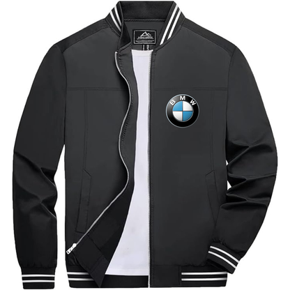 Men’s BMW Car Lightweight Zip-Up Bomber Jacket with Ribbed Collar and Cuffs - Versatile Casual Outerwear