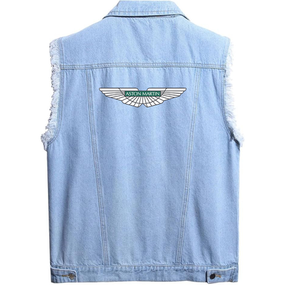 Men’s Aston Martin Car - Sleeveless Distressed Denim Vest – Rugged Black Jean Jacket