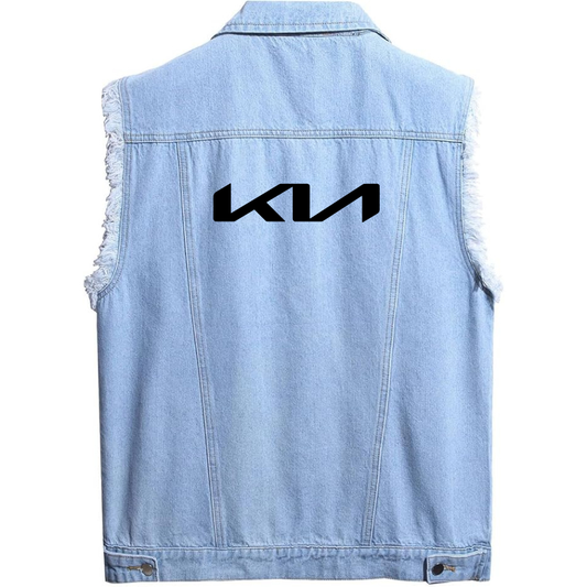 Men’s Kia Car - Sleeveless Distressed Denim Vest – Rugged Black Jean Jacket