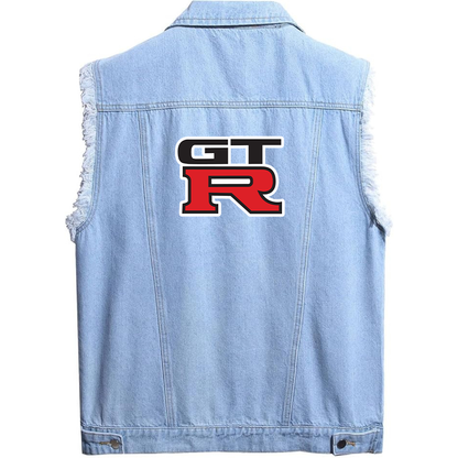 Men’s GTR Car - Sleeveless Distressed Denim Vest – Rugged Black Jean Jacket