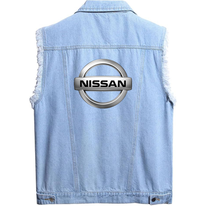 Men’s Nissan Car - Sleeveless Distressed Denim Vest – Rugged Black Jean Jacket