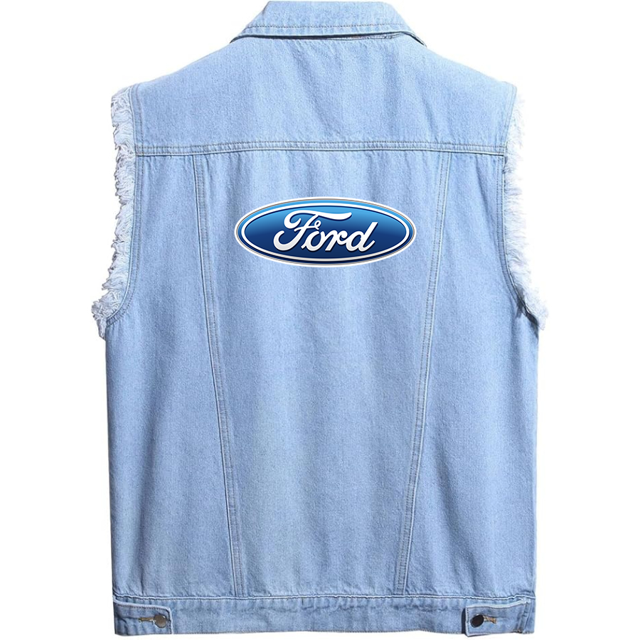 Men’s Ford Car - Sleeveless Distressed Denim Vest – Rugged Black Jean Jacket