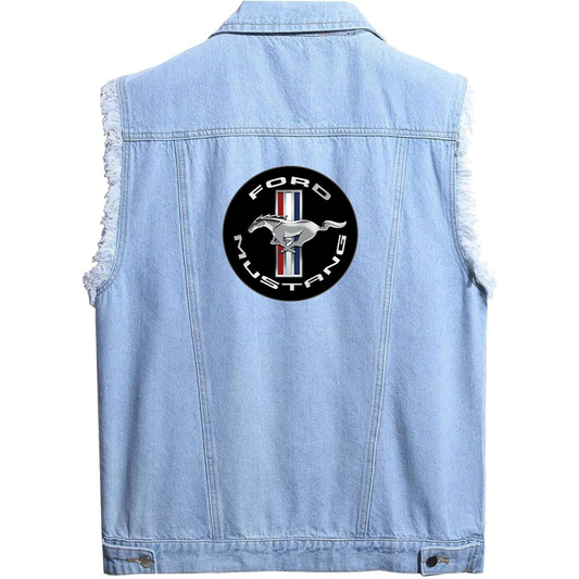 Men’s Ford Mustang Motorsport Supercars - Sleeveless Distressed Denim Vest – Rugged Black Jean Jacket