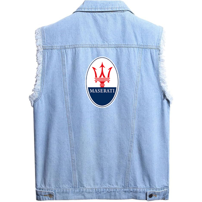 Men’s Maserati Car - Sleeveless Distressed Denim Vest – Rugged Black Jean Jacket