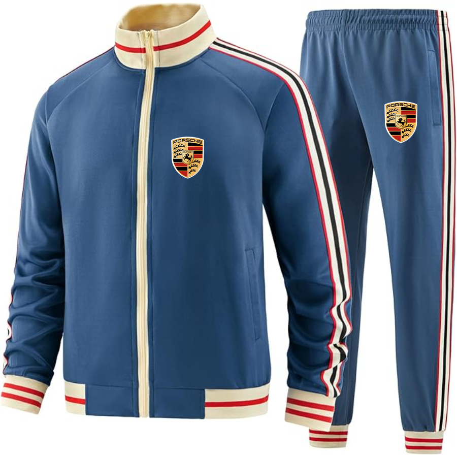 Men's Porsche Car - Premium Two-Piece Designer Tracksuit with Bold Striped Accents and Zippered Front - Elevated Athletic Wear