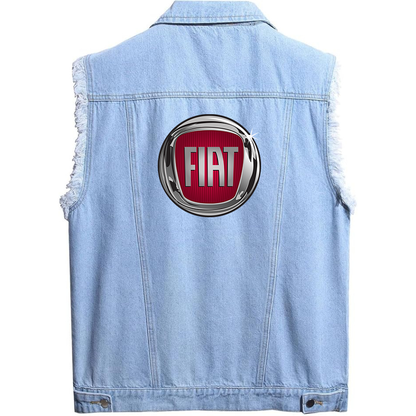 Men’s Fiat Car - Sleeveless Distressed Denim Vest – Rugged Black Jean Jacket