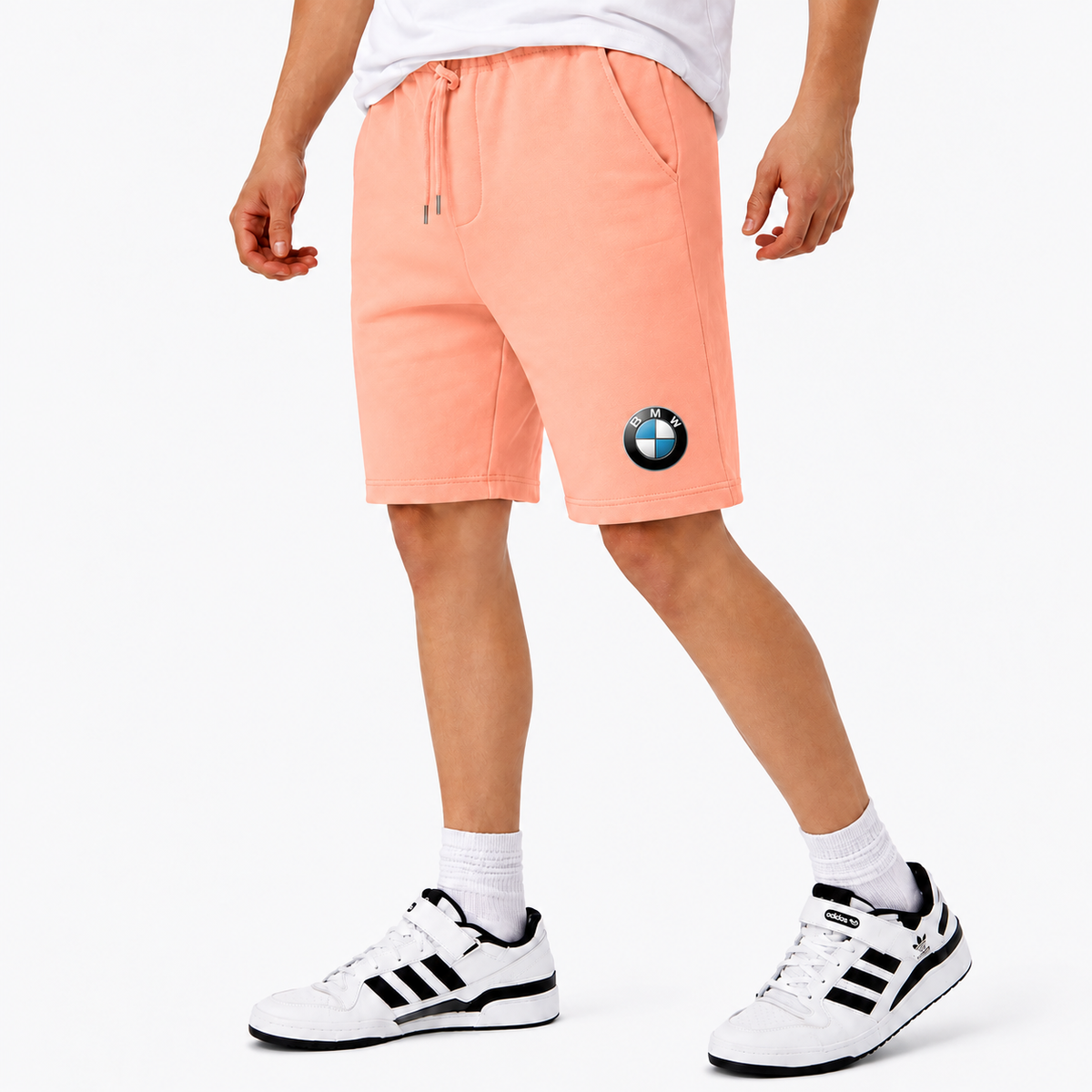 BMW fleece shorts Peach front logo near left hem