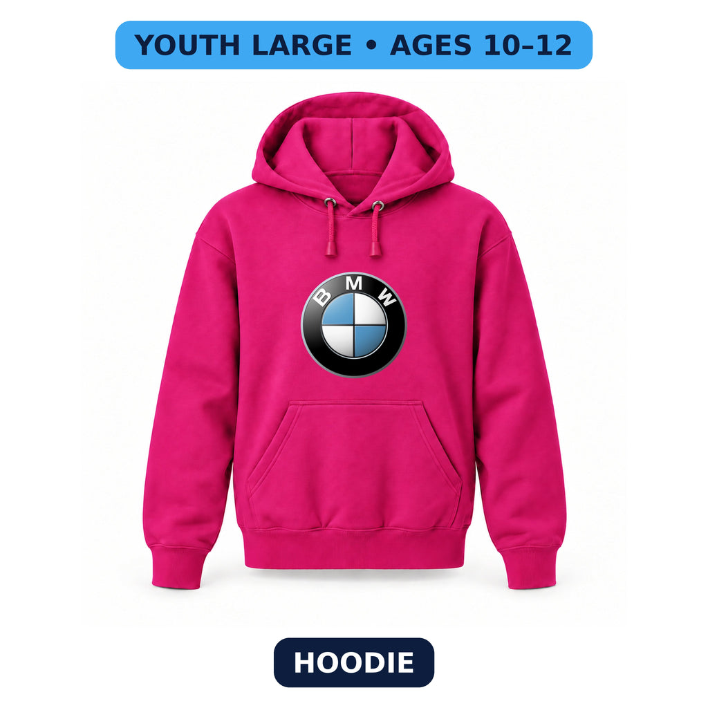 BMW - Youth Large Hoodie (Ages 10–12) | Color: Hot Pink