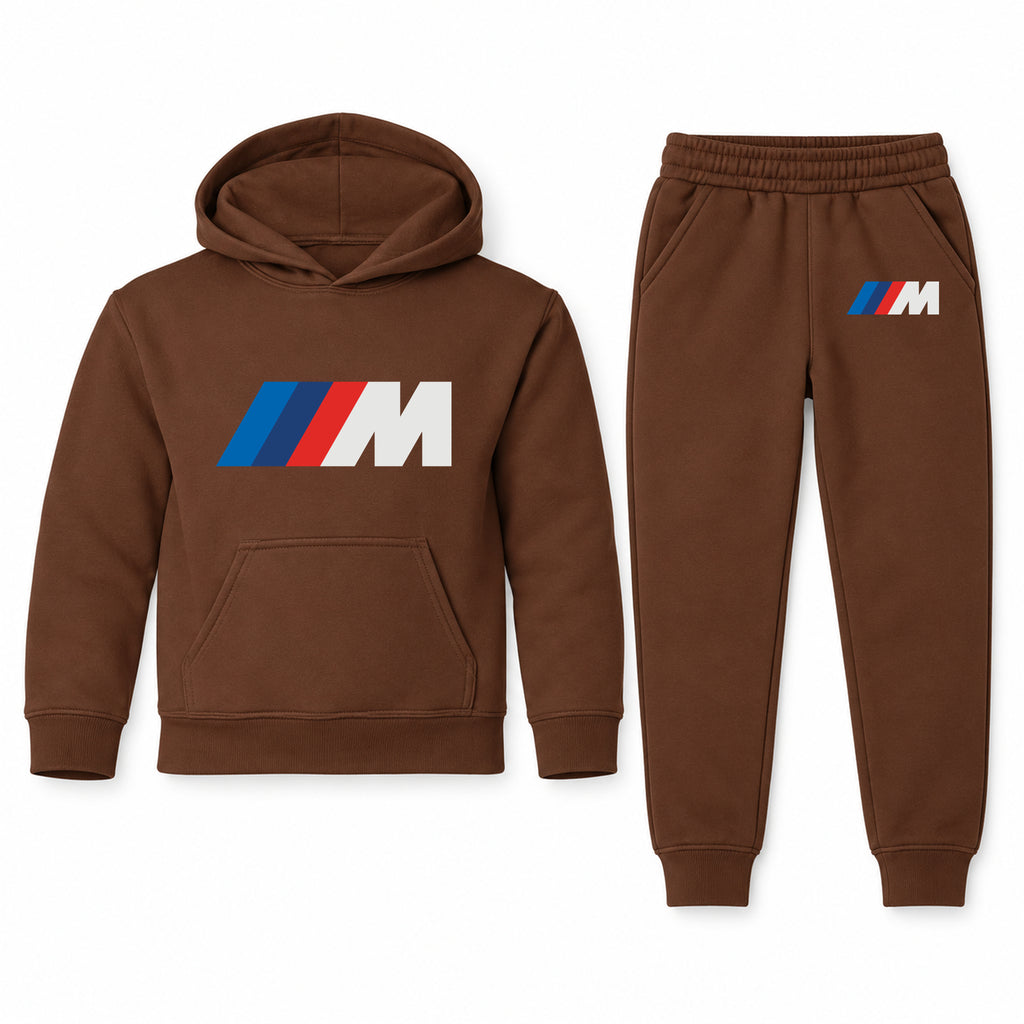 BMW M youth hoodie jogger set, Brown, Youth Large ages 10–12