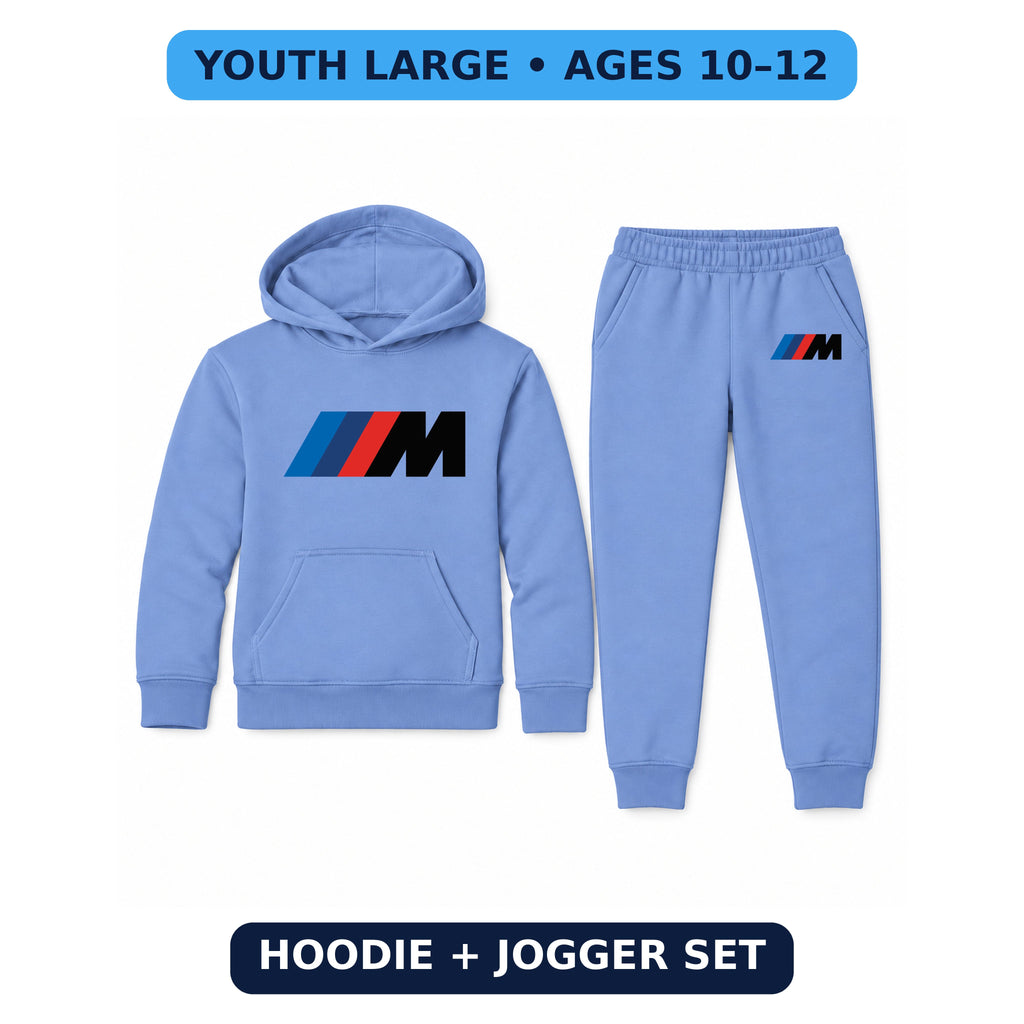 BMW M youth hoodie jogger set, Carolina Blue, Youth Large ages 10–12