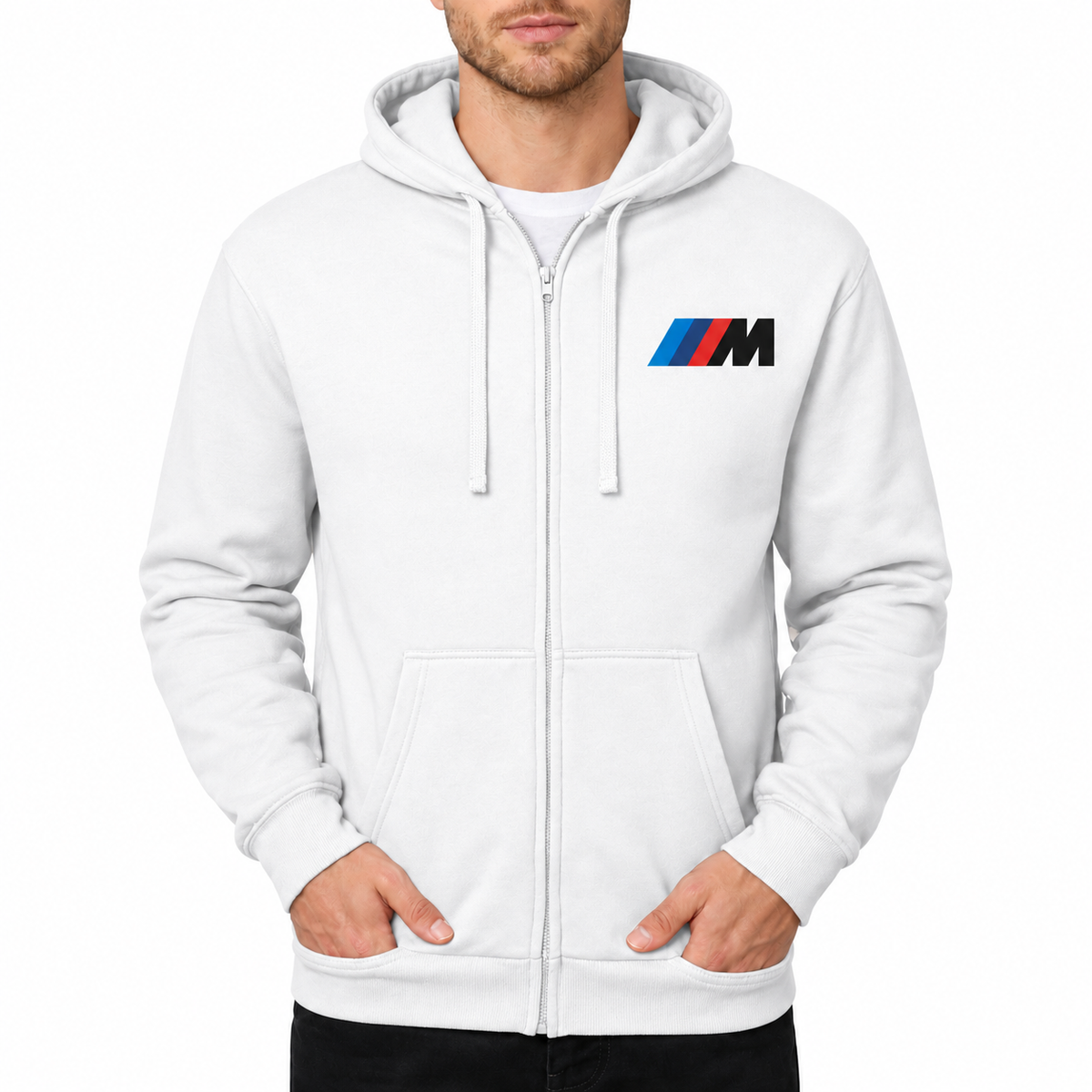 BMW M White zipper hoodie front left chest heat transfer